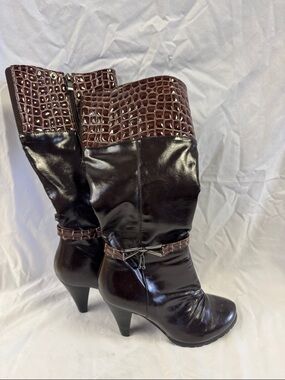 Knee-High Croc-Trim Brown Heeled Boots
